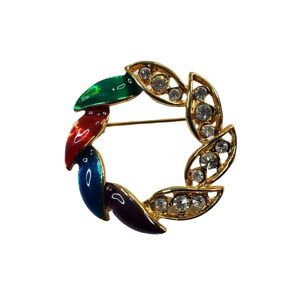 Vintage Unmarked Gold Tone Metal Enamel Clear Rhinestones Wreath Brooch Pin